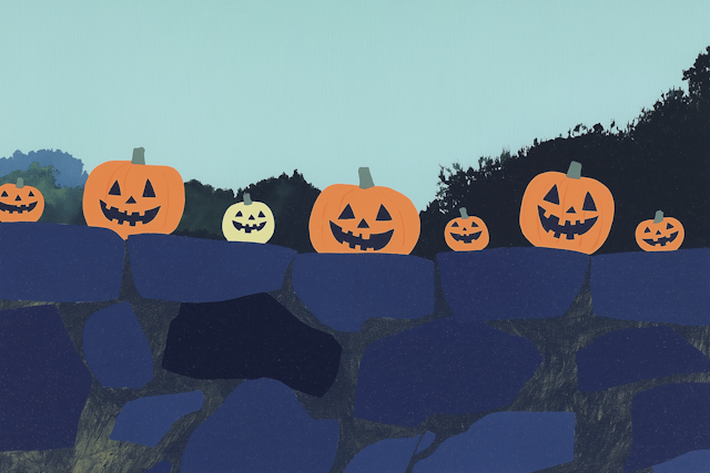 Halloween Jack-o'-Lanterns on Stone Wall