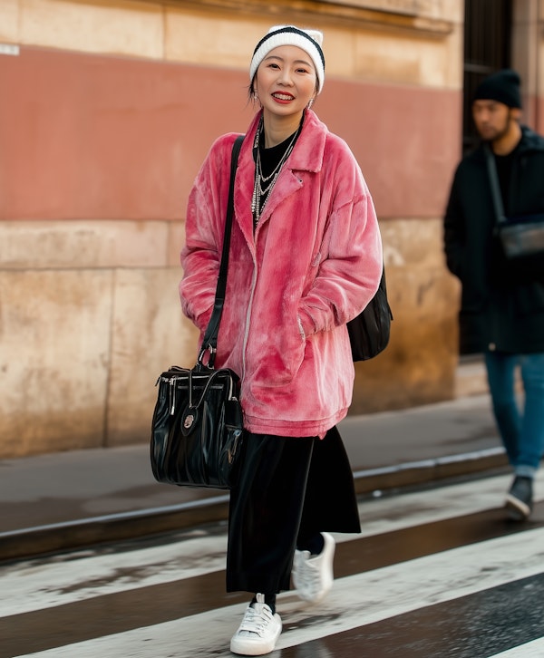 Young Woman in Vibrant Pink Coat