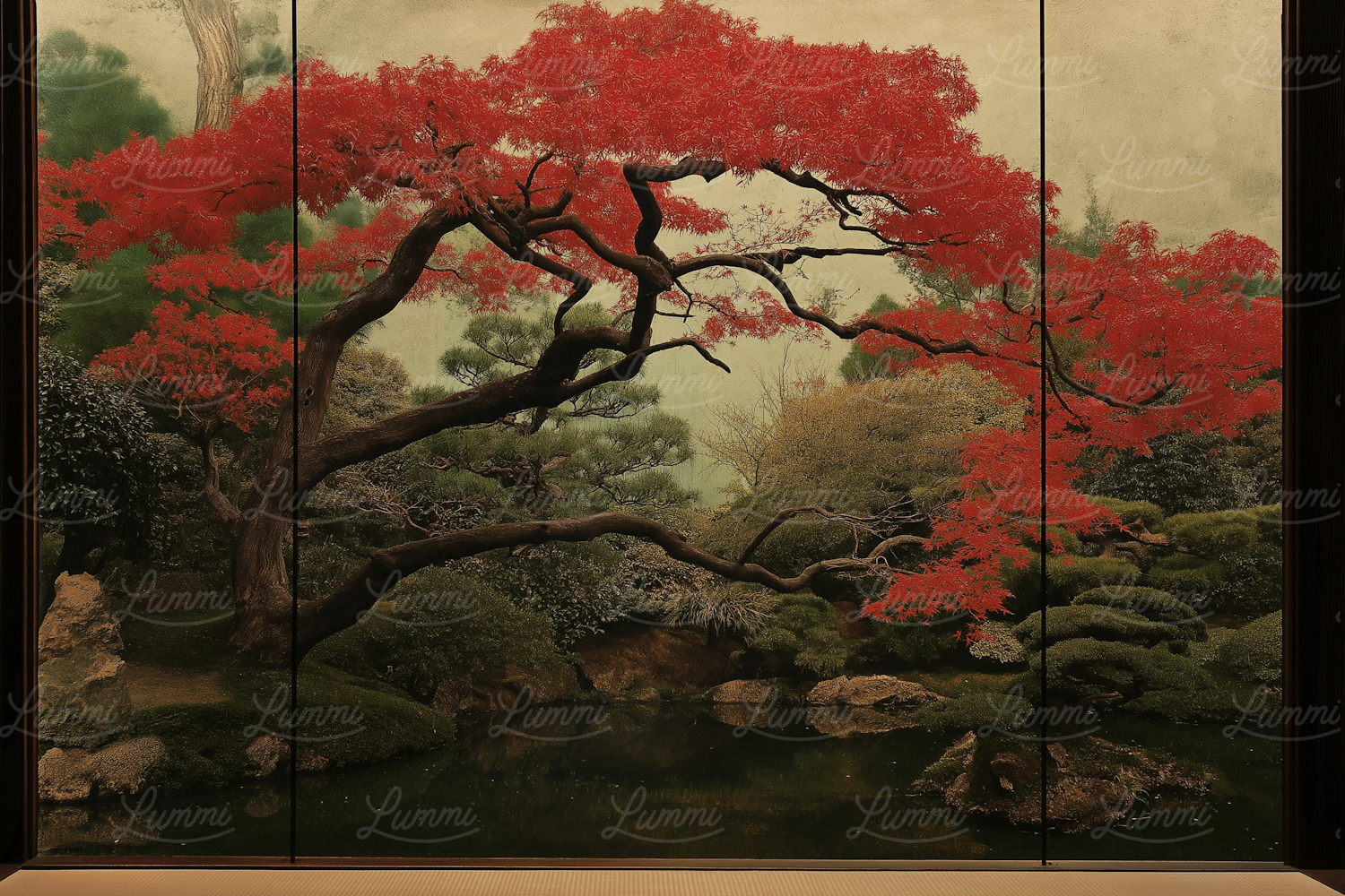 Serene Japanese Garden with Red Tree