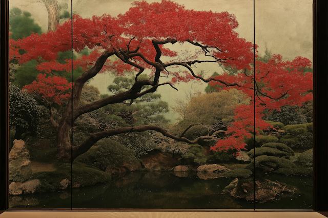 Serene Japanese Garden with Red Tree