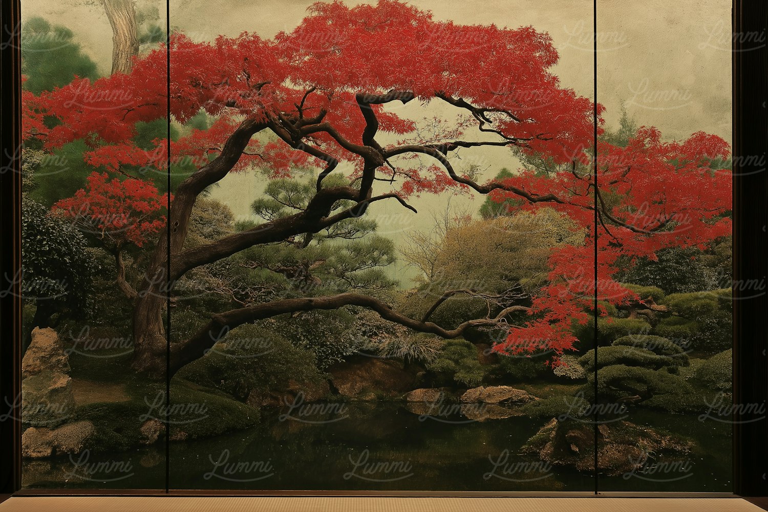 Serene Japanese Garden with Red Tree