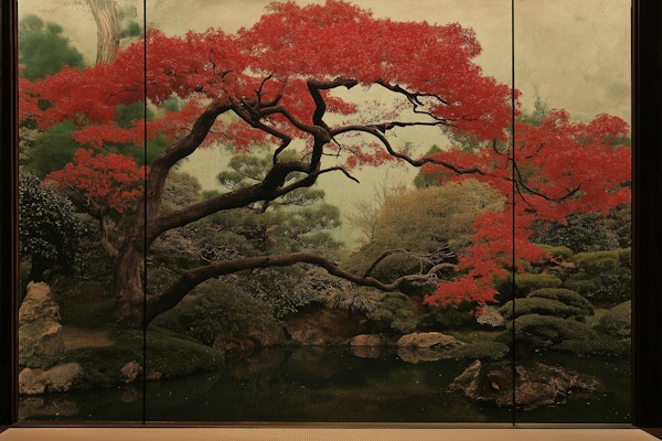 Serene Japanese Garden with Red Tree