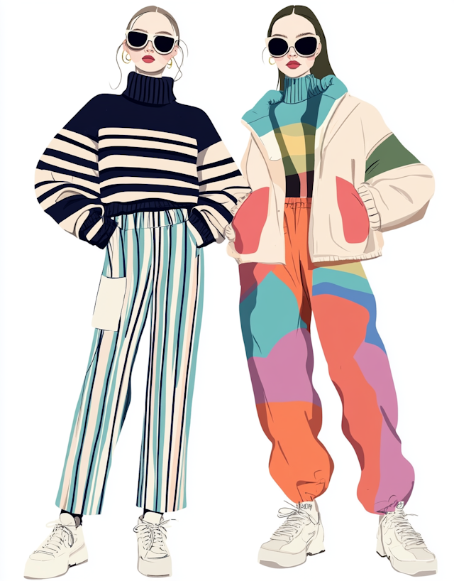 Fashionable Duo in Striped Outfits