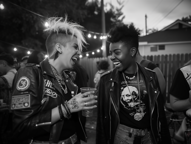 Black and White Candid of Two Women at Social Event