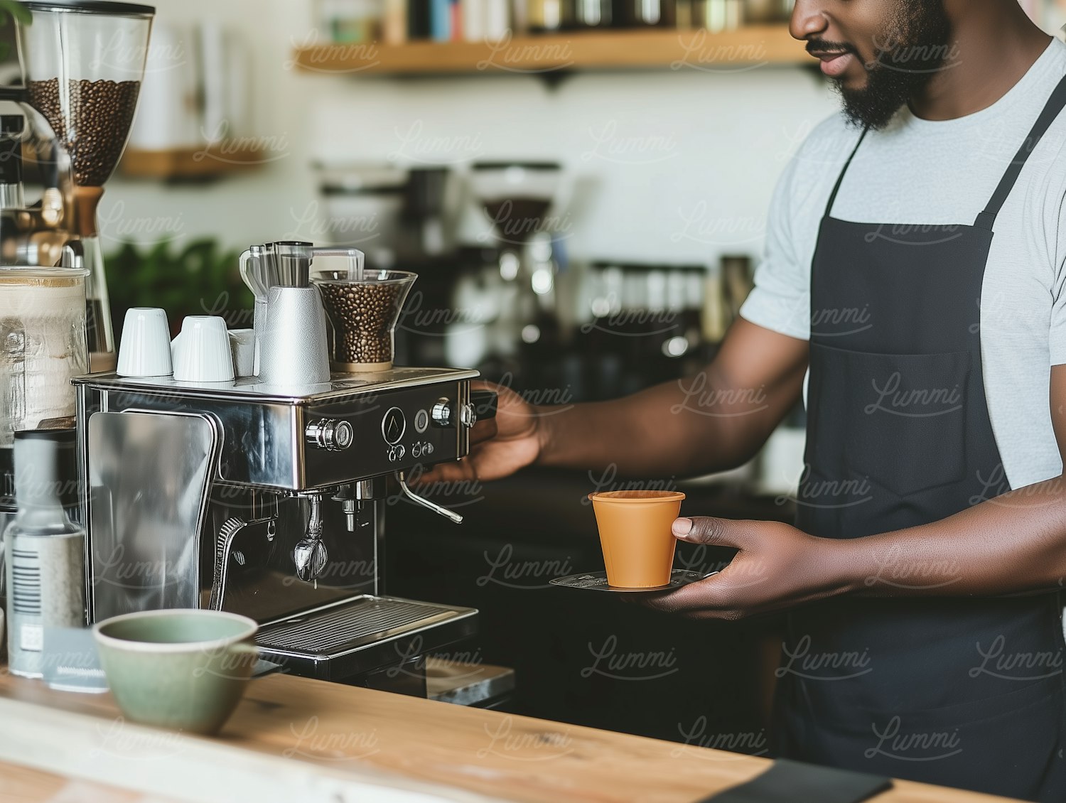 Barista Operating Espresso Machine