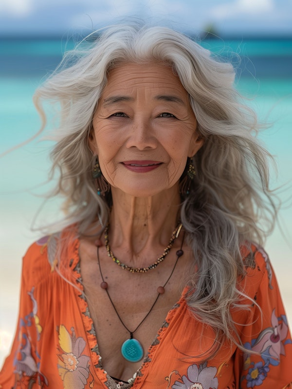 Serene Elderly Woman at Beach