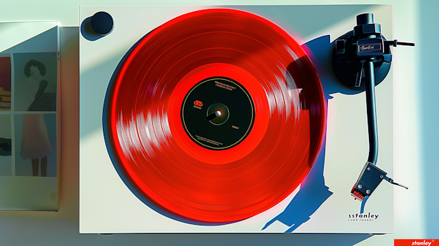 Modern Turntable and Red Vinyl Record