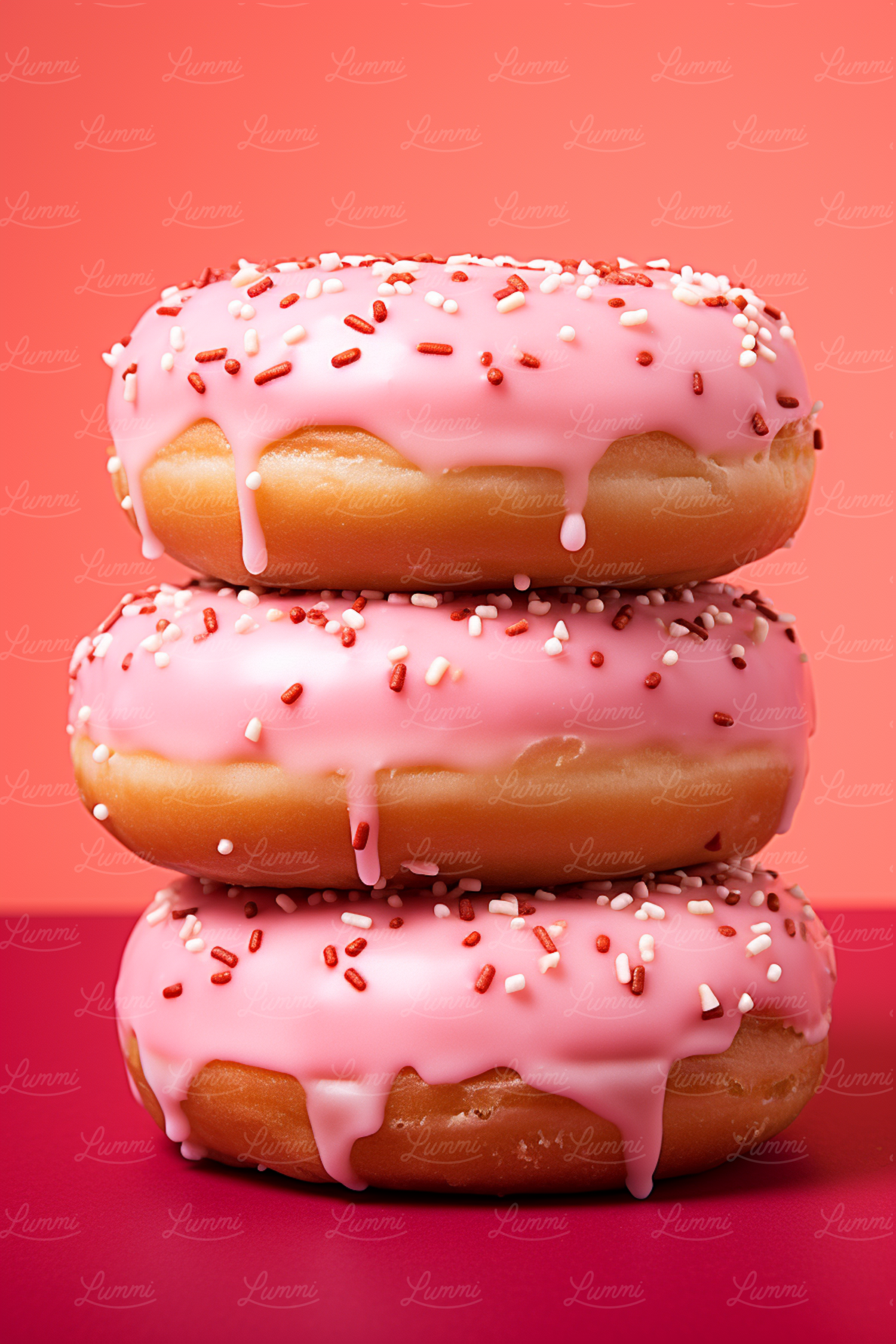 Pink Frosted Donut Trio on Orange-Red