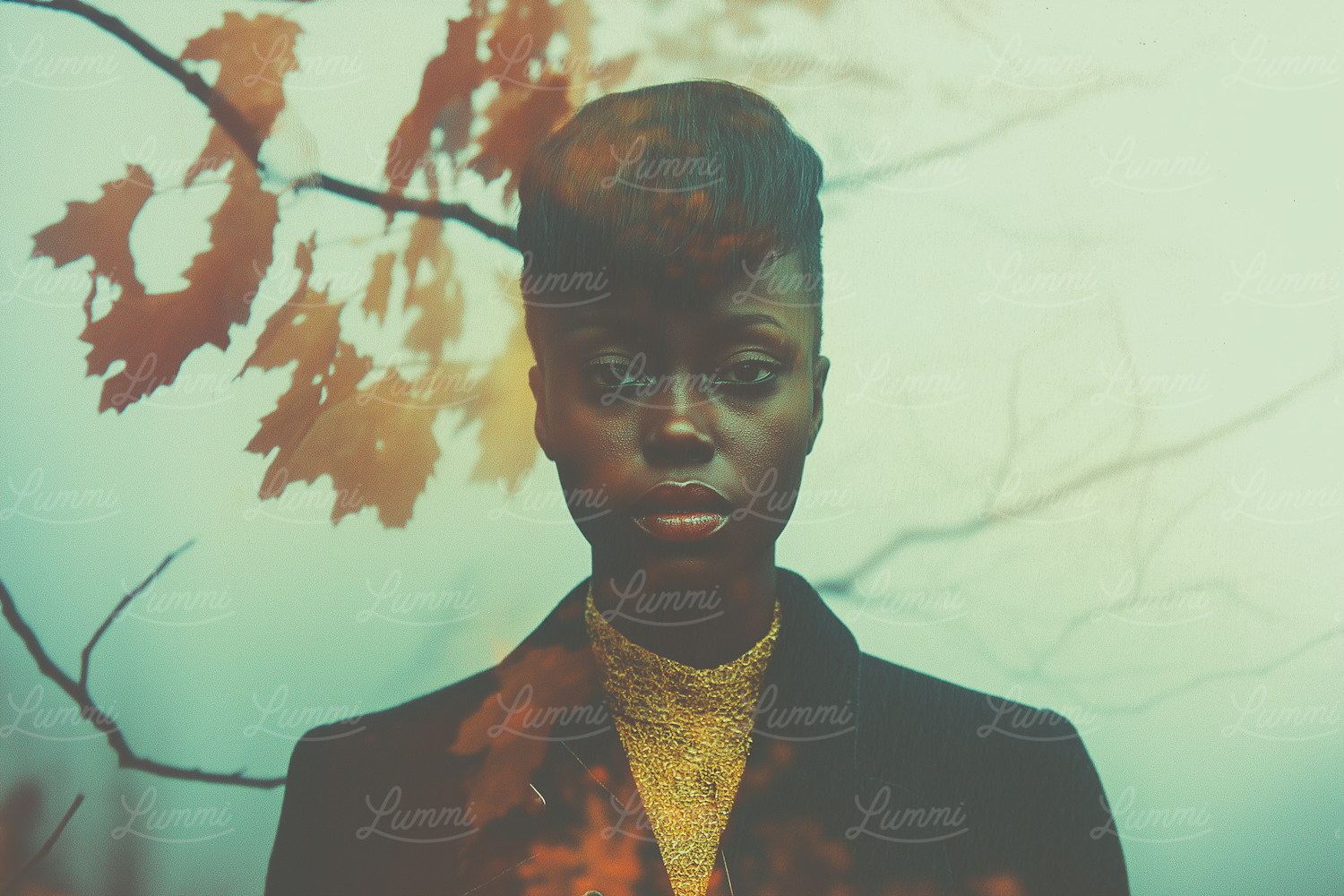 Serene Portrait with Autumn Leaves