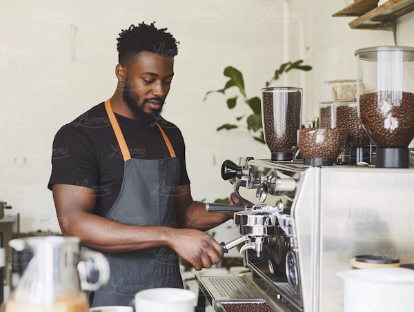 Barista Operating Espresso Machine