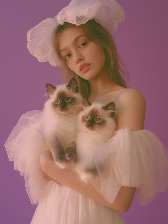 Serene Woman with Siamese Kittens