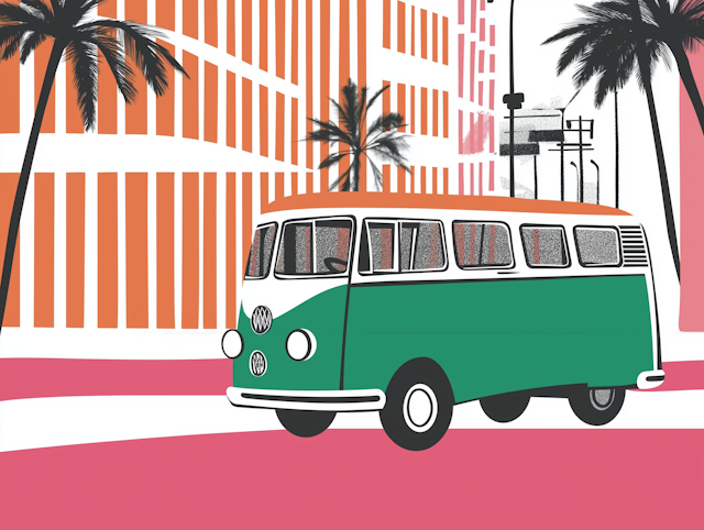 Retro Van and Abstract Building Illustration