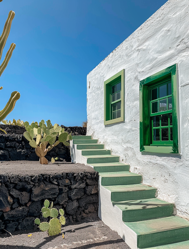 White-Washed Building with Green Accents in Desert Setting