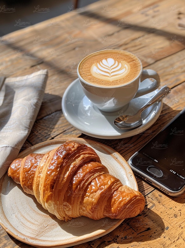 Cozy Cafe Morning with Croissant and Coffee