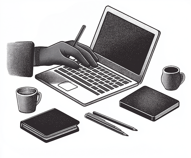 Monochrome Illustration of a Productive Workspace