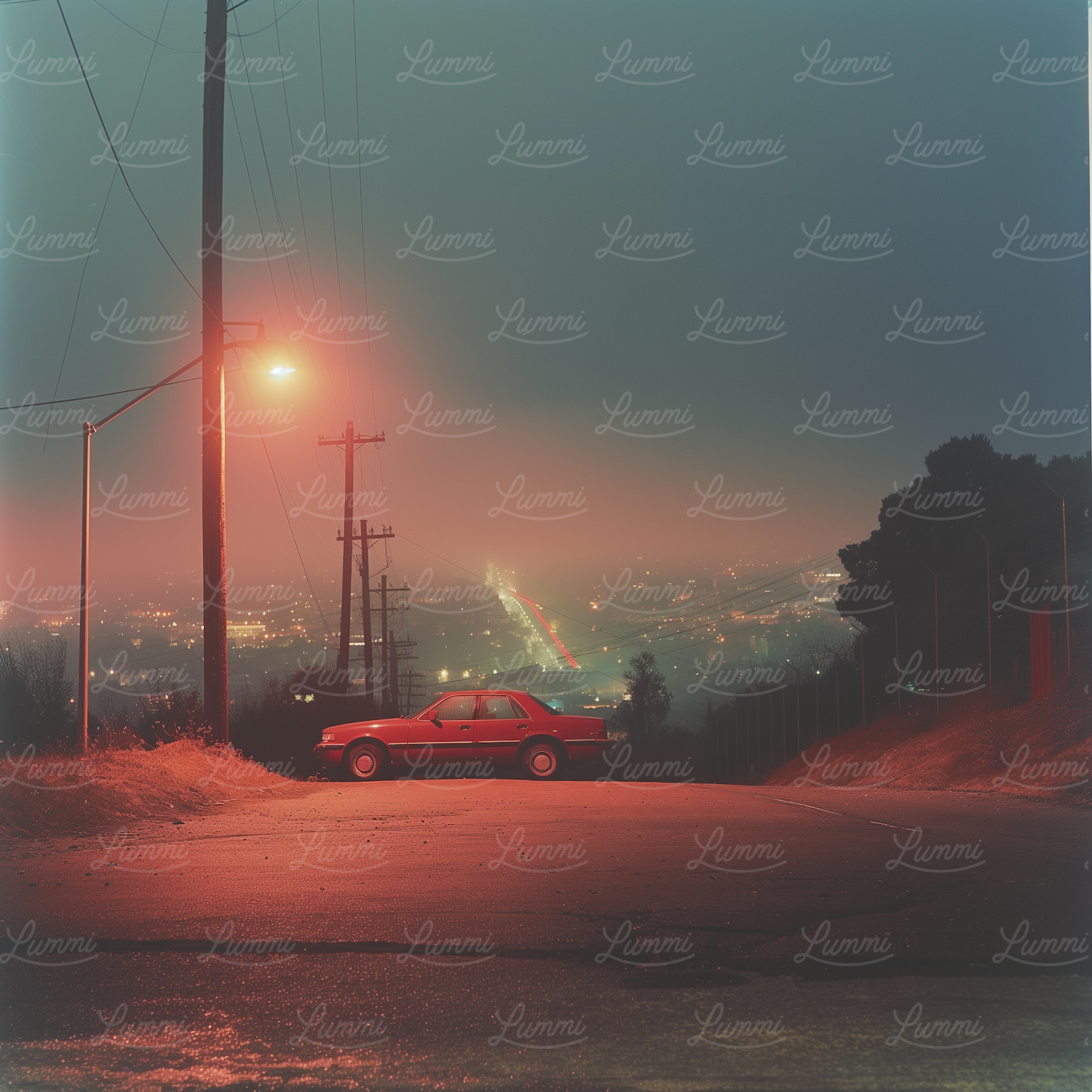 Secluded Red Car and Cityscape at Night