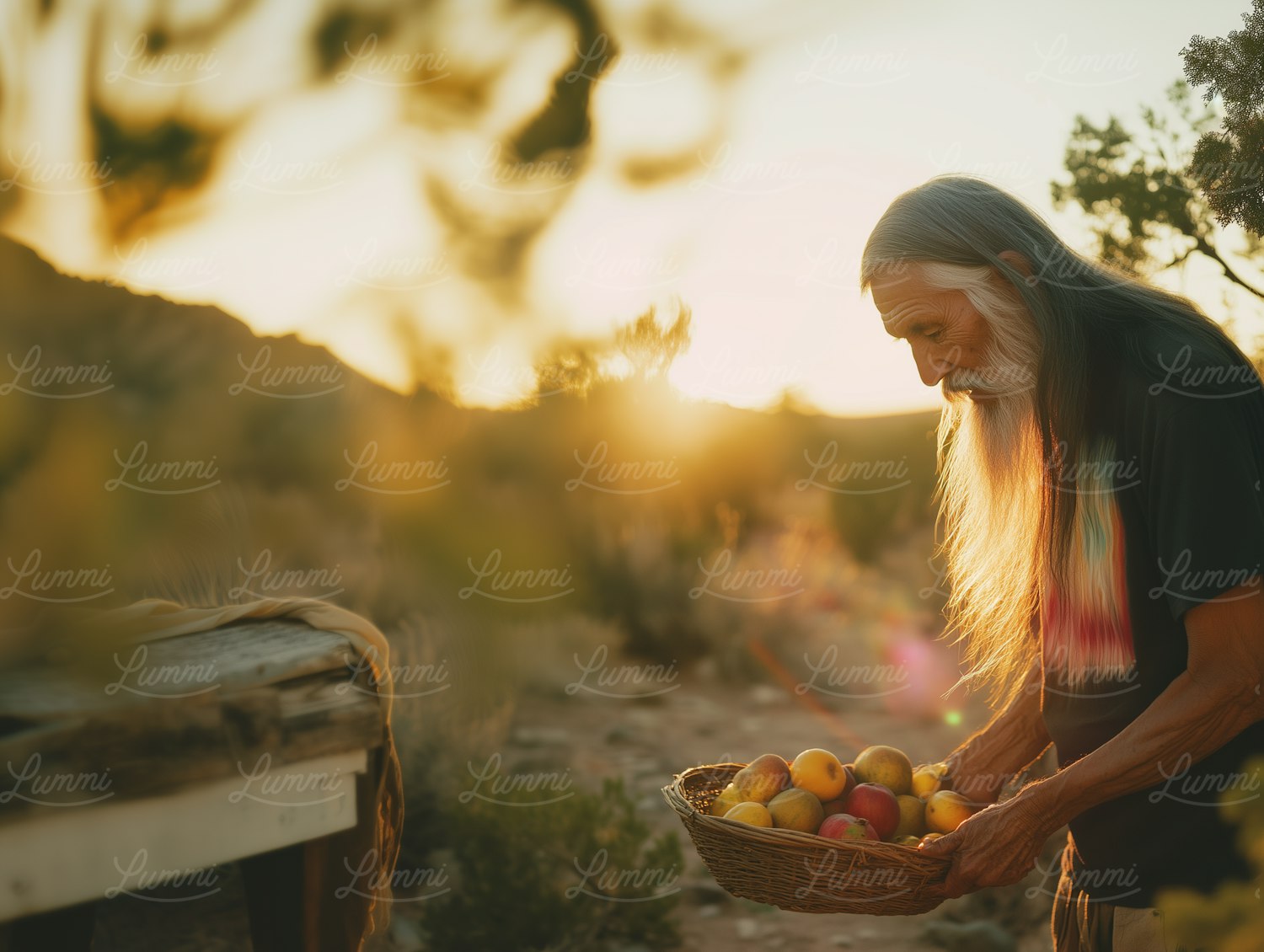 Elderly Man with Basket of Apples