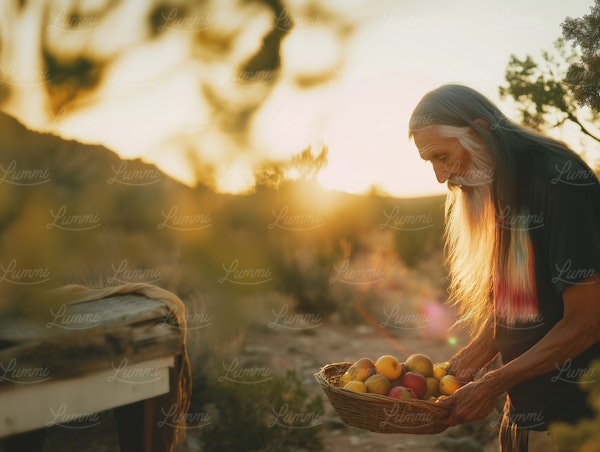 Elderly Man with Basket of Apples