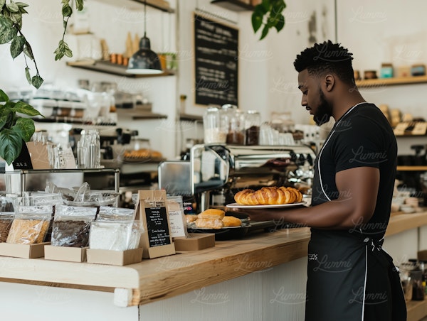 Man Working in Cozy Café