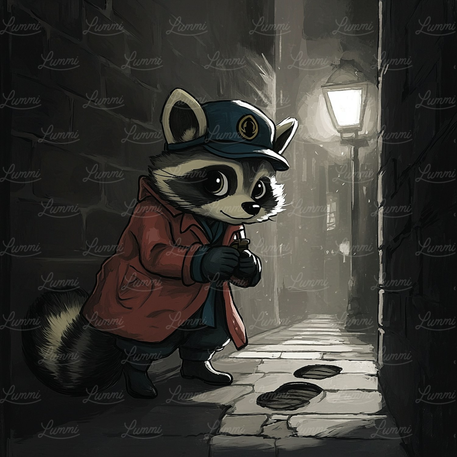 Anthropomorphic Raccoon Detective in Alleyway