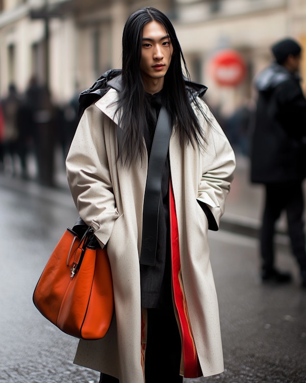 Person with Orange Bag on Wet Street