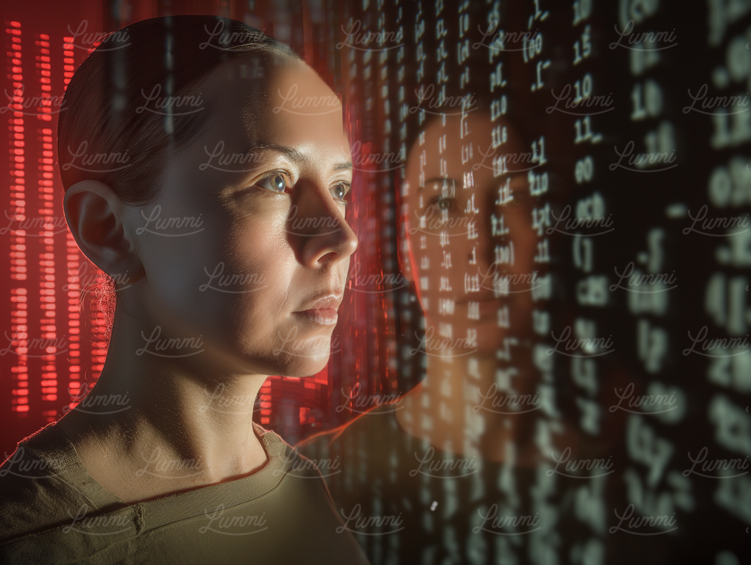 Contemplative Woman with Data Overlay