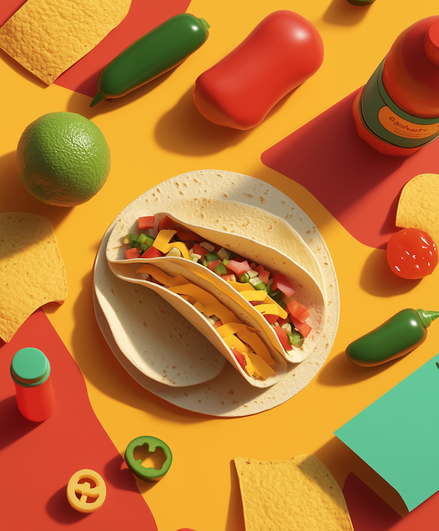 Colorful Taco and Condiments on Yellow Background