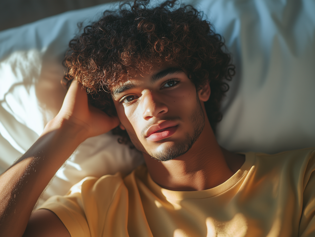 Contemplative Young Man on Bed