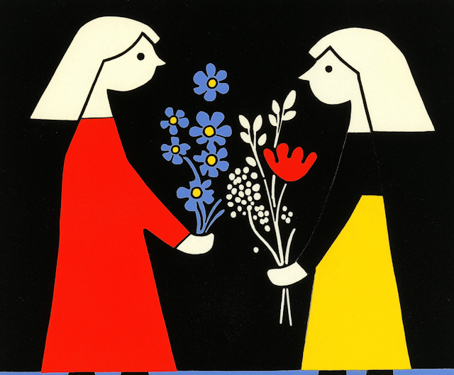 Abstract Illustration of Two Women Exchanging Flowers