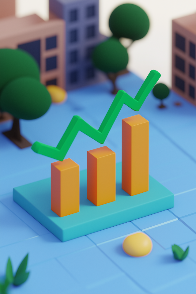 Stylized 3D Bar Graph with Cityscape