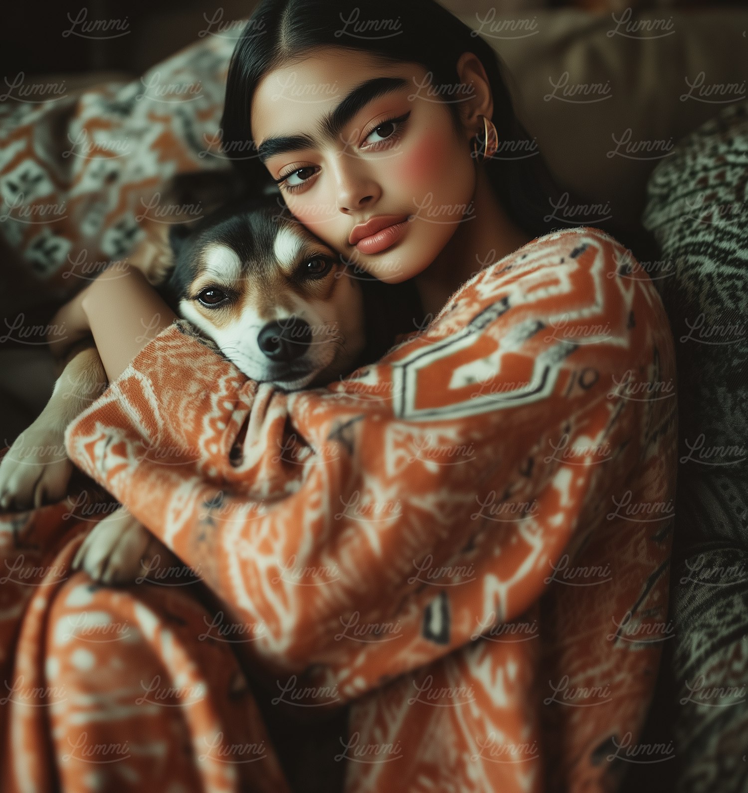 Woman and Dog in Orange-Toned Garment