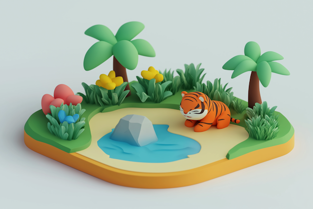 Whimsical 3D Miniature Tiger Landscape