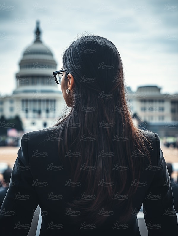 Woman in Front of Government Building