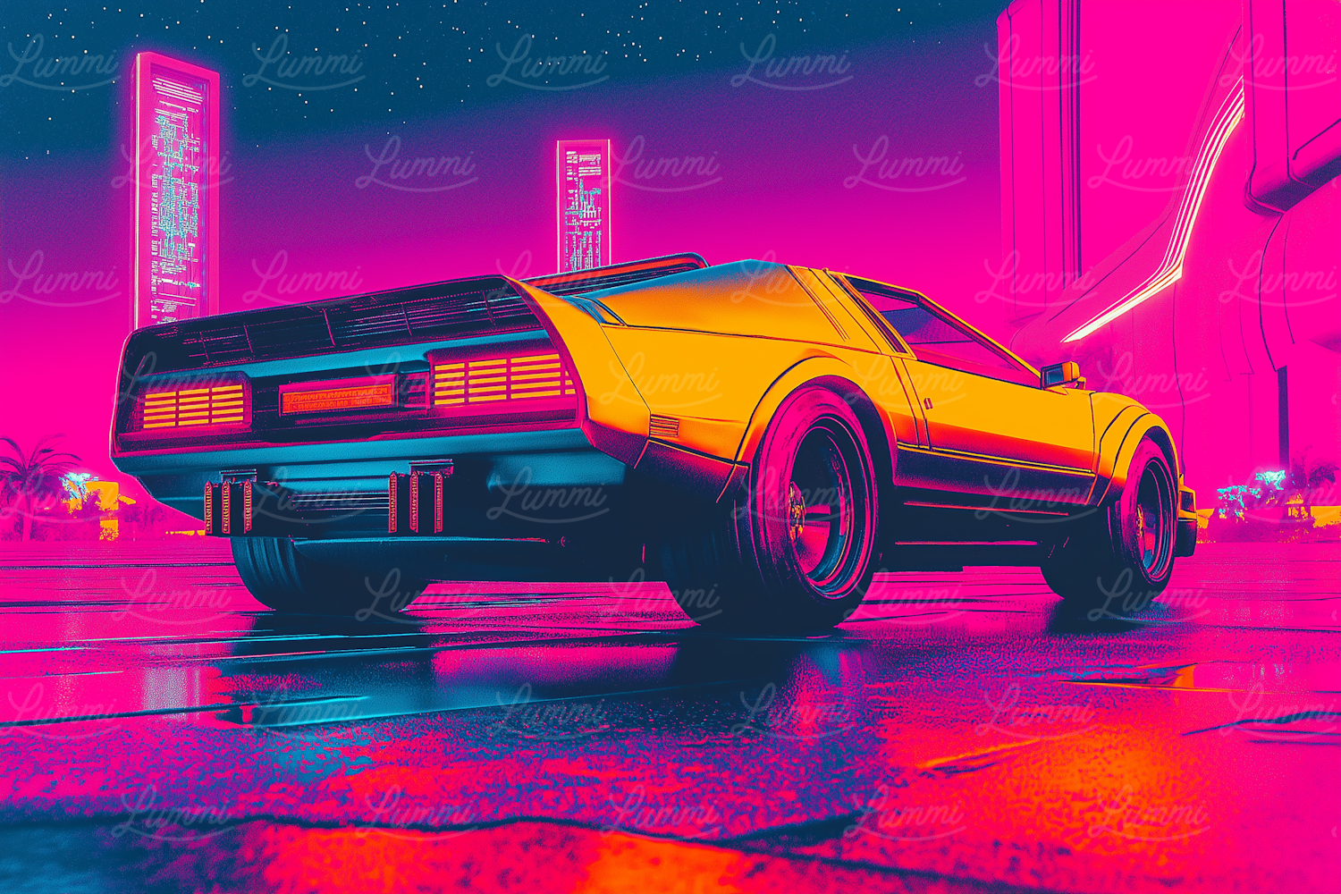 Retro-futuristic Sports Car in Neon City