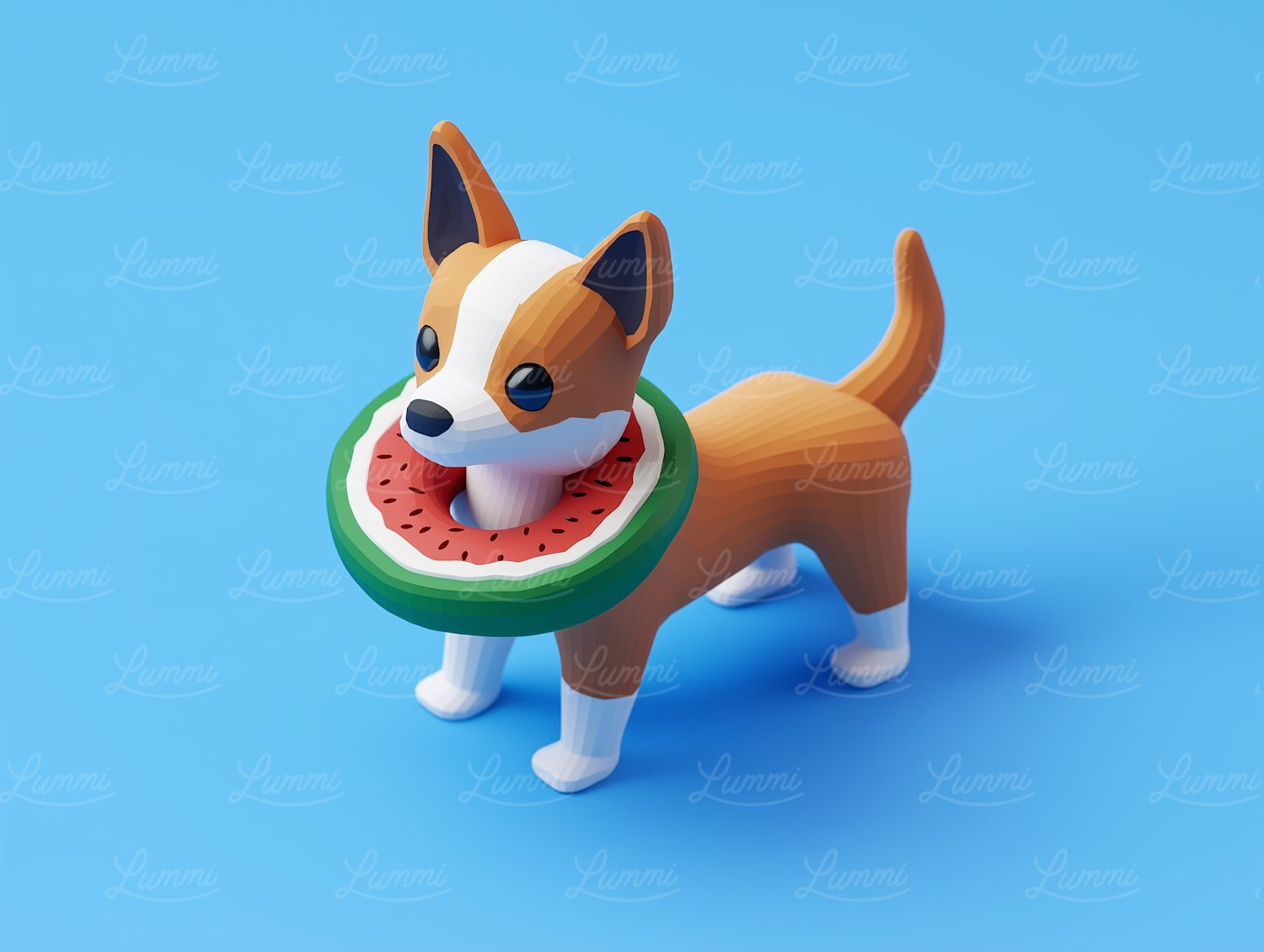 Playful Cartoon Corgi with Watermelon Collar