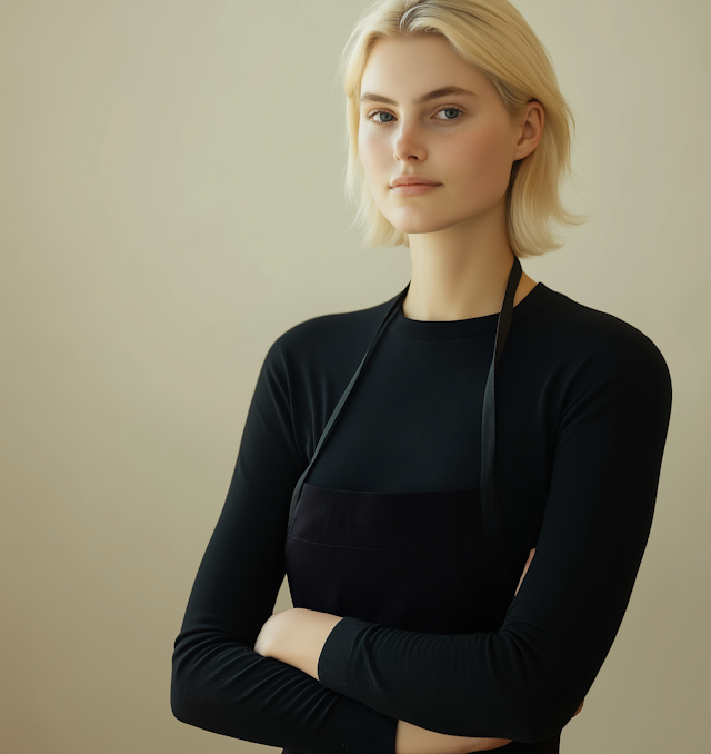 Young Woman in Apron with Calm Expression