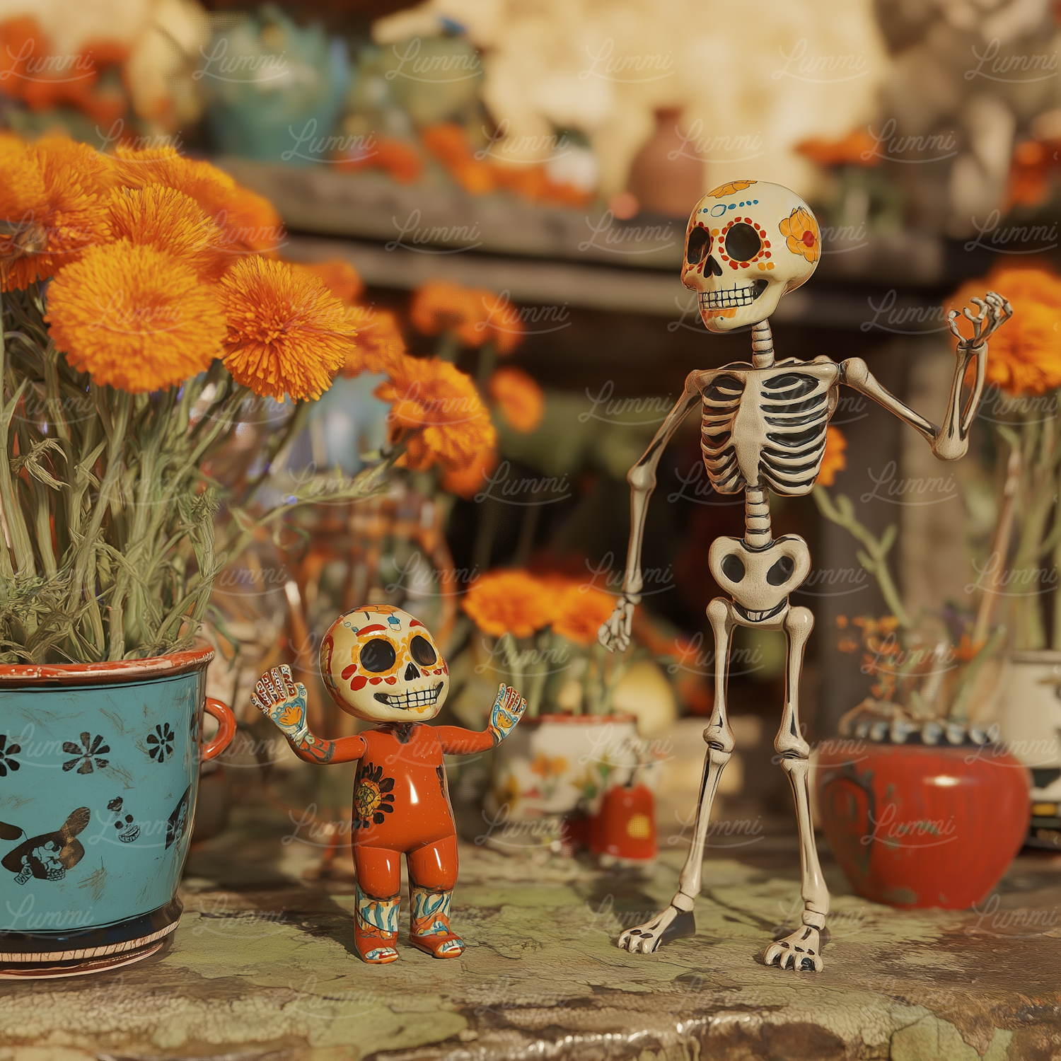 Day of the Dead Skeletons with Marigolds