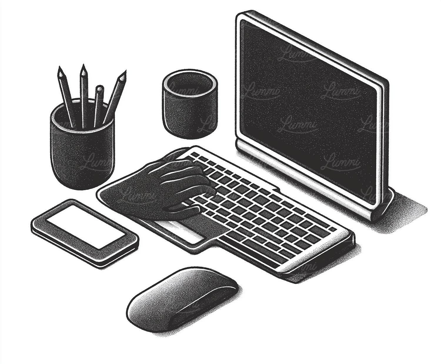 Stylized Monochromatic Desktop Workspace Illustration