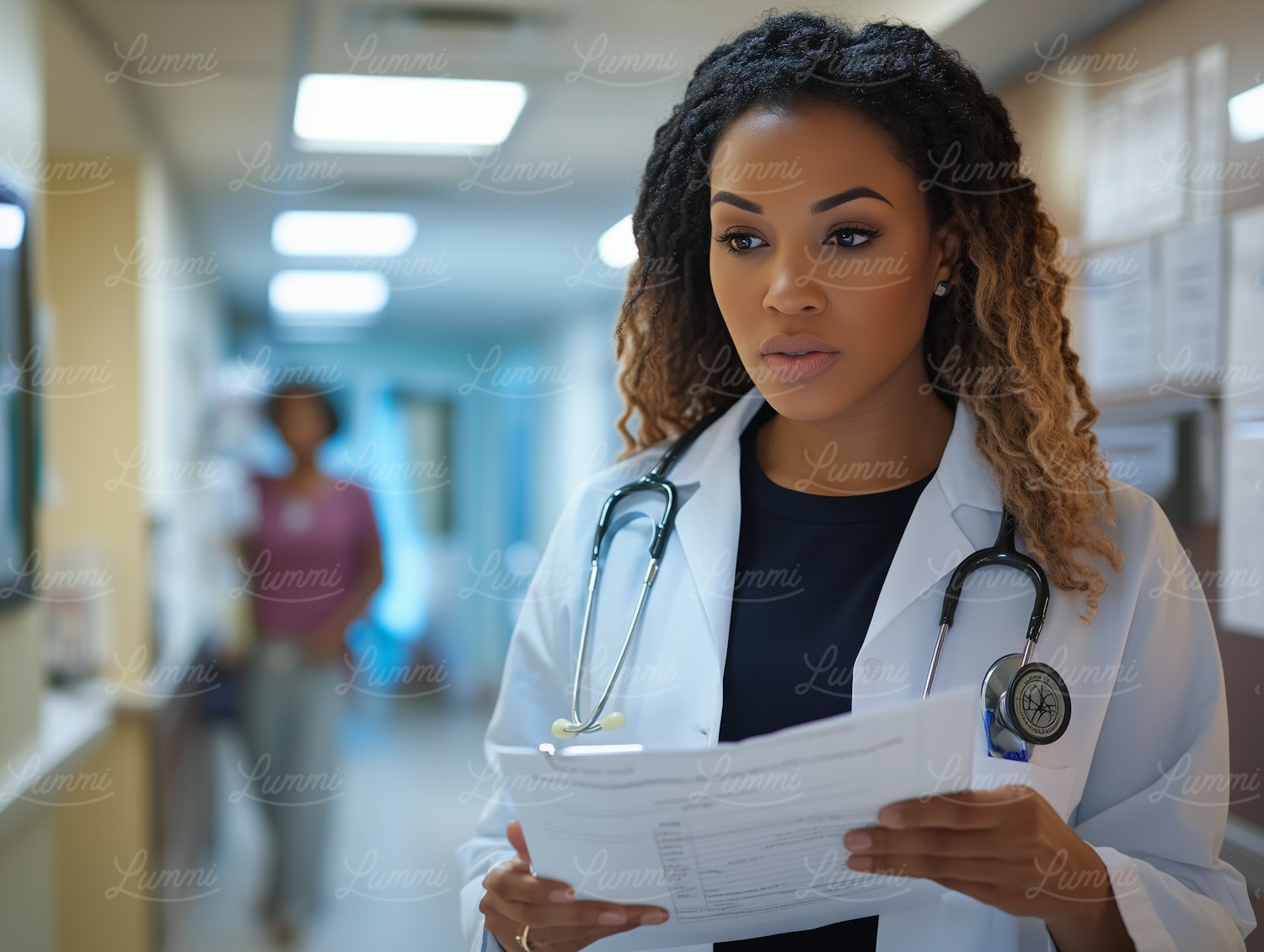 Female Doctor Reviewing Documents in Hospital Hallway