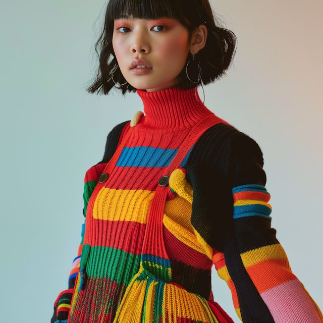 Vibrant Patchwork Sweater Fashion Portrait