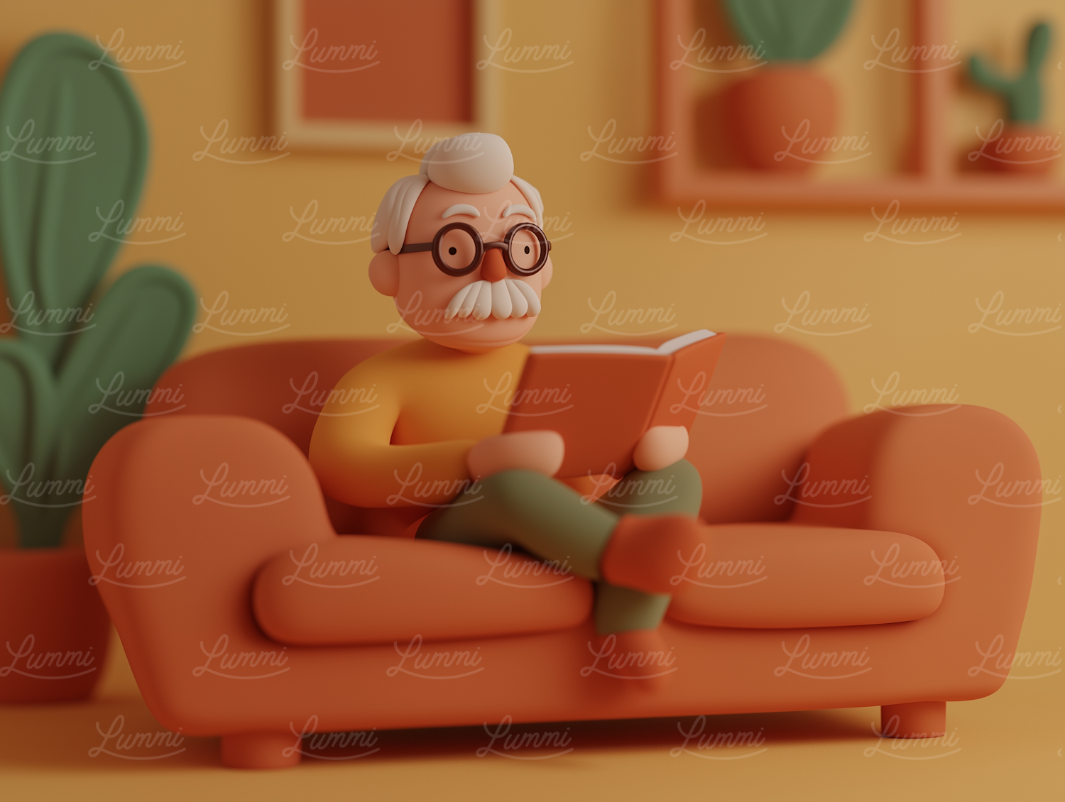 Elderly Man Reading on Couch