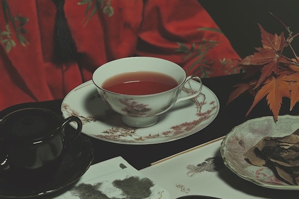 Serene Tea Setting with Autumn Leaves