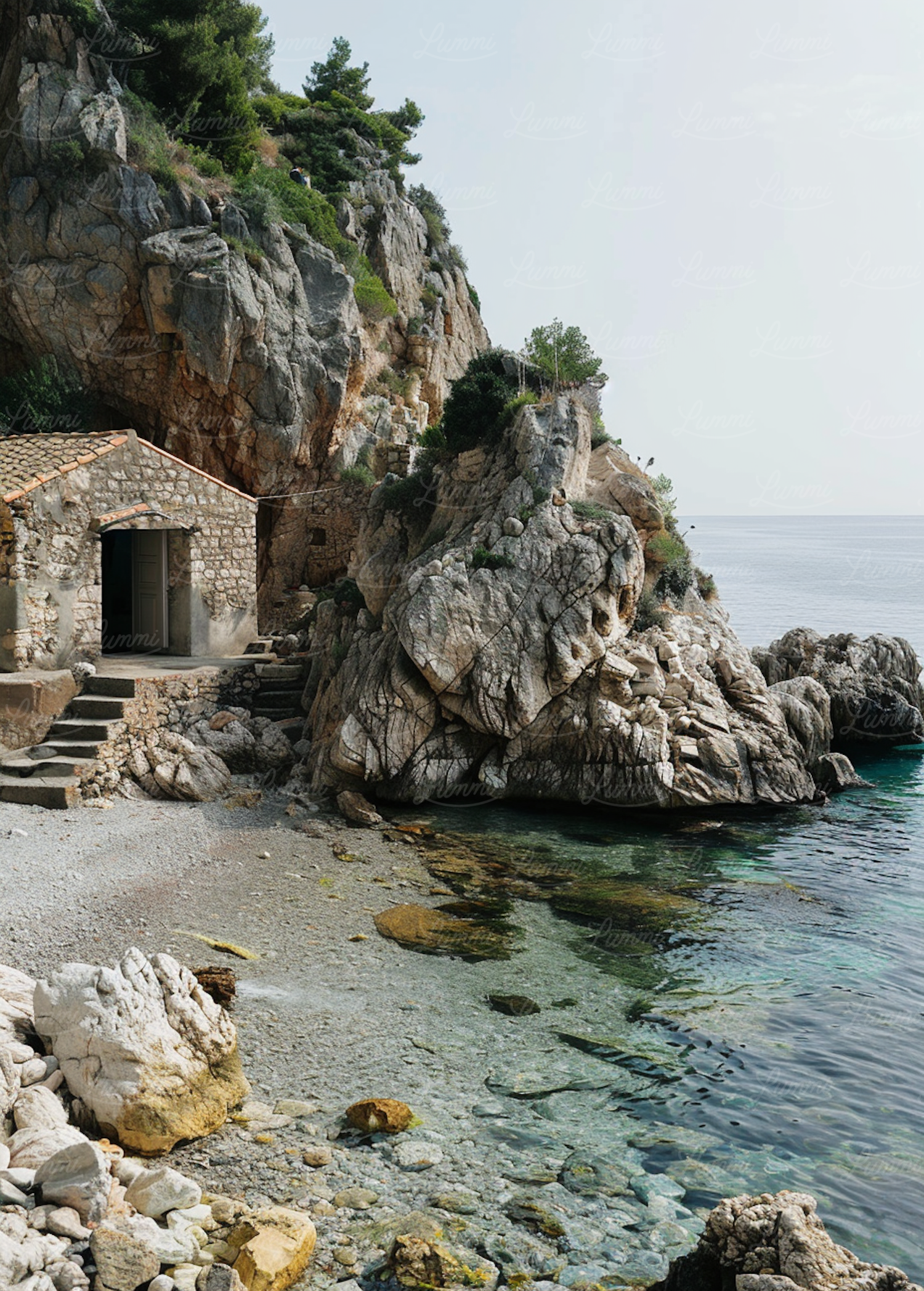 Serene Coastal Landscape with Stone Structure