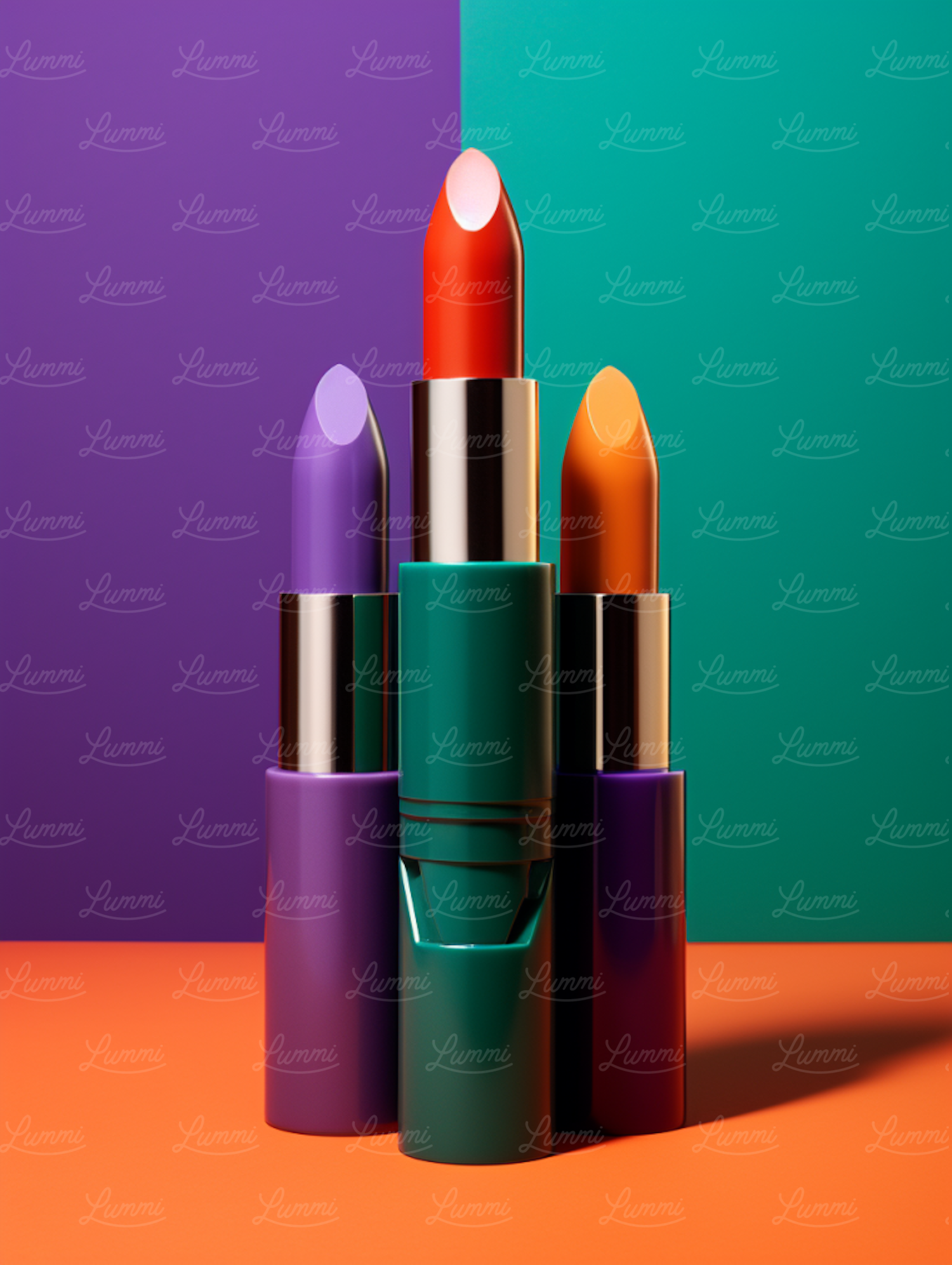 Vibrant Trio - Red, Purple & Orange Lipsticks on Dual-Tone Background