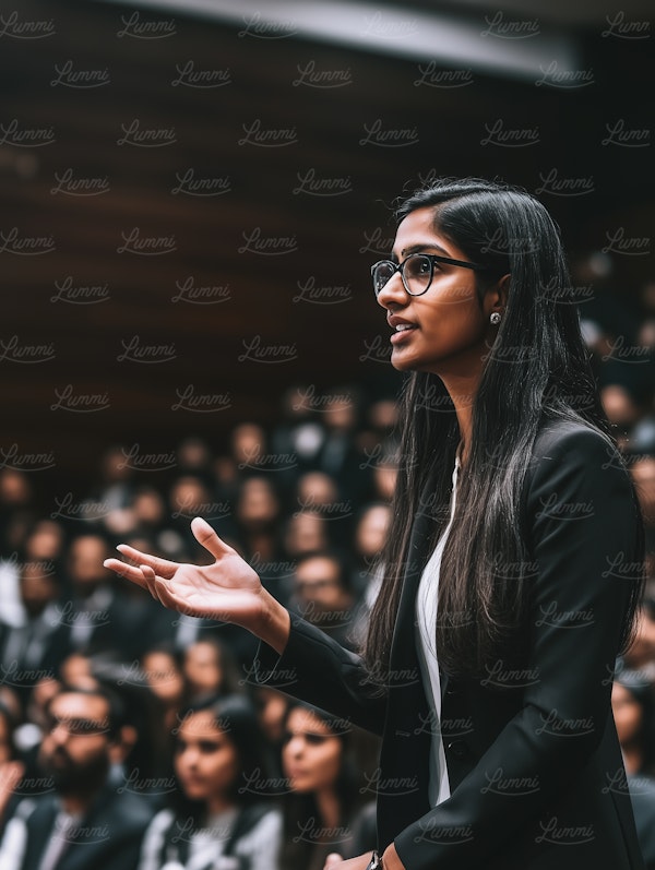 Young Woman Speaking in Formal Setting