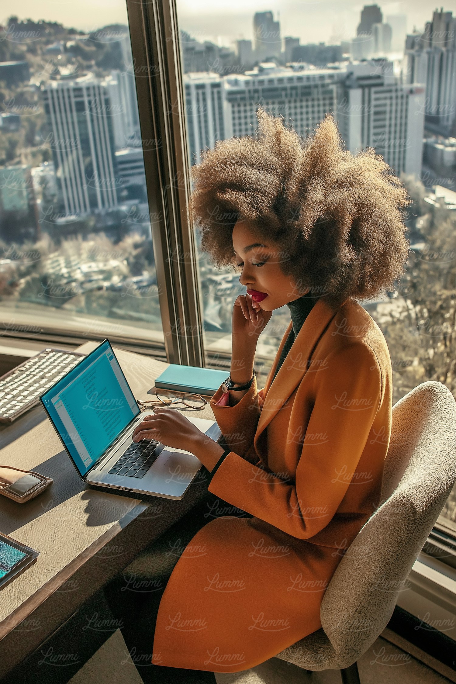 Woman Working at Desk with Cityscape Background