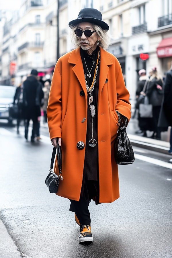 Individual in Orange Overcoat on City Street