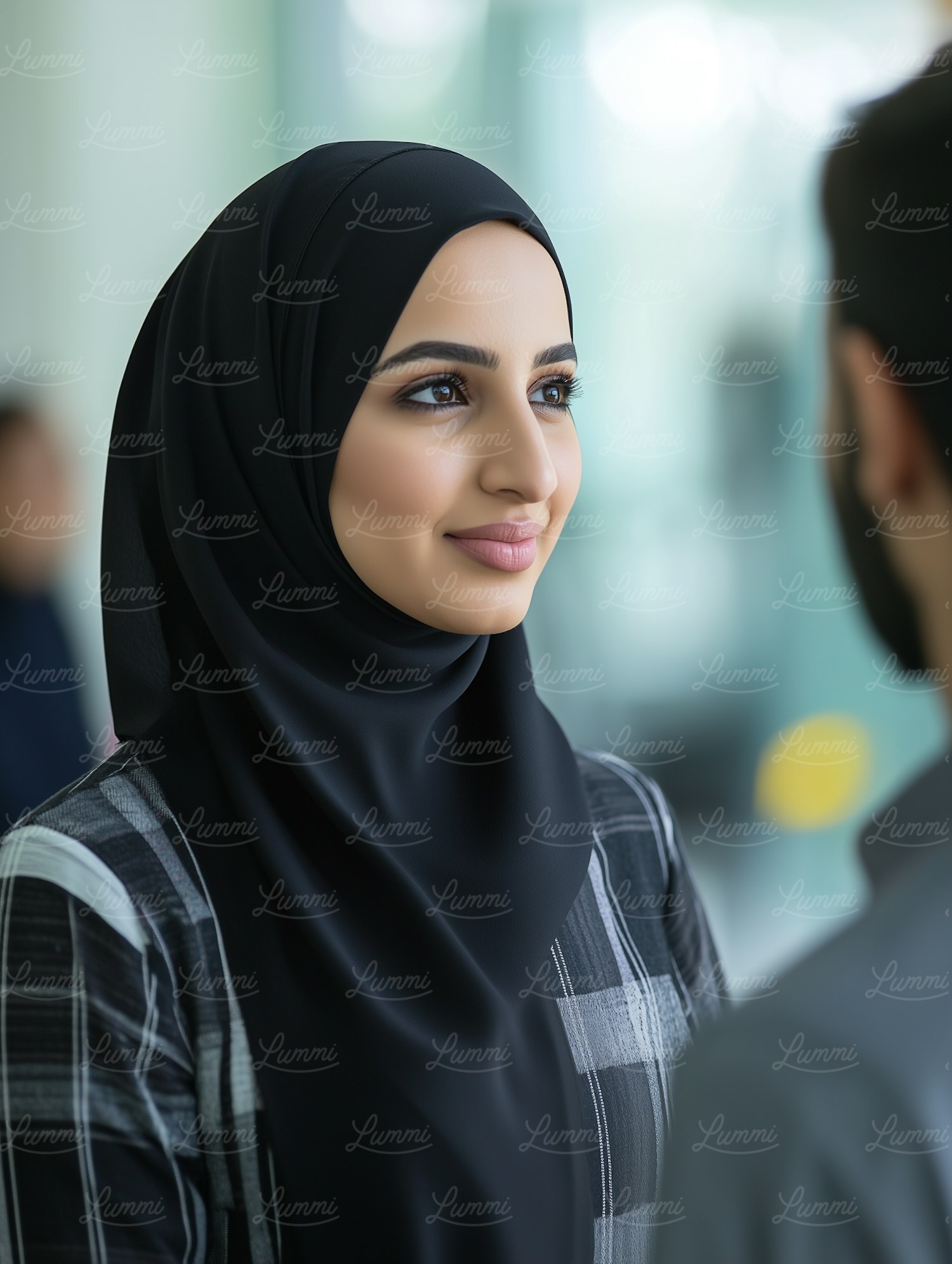 Woman in Hijab Engaged in Conversation