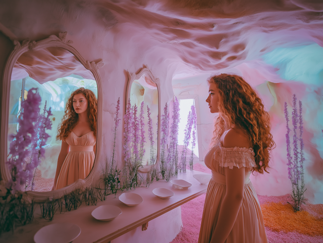 Contemplative Woman in Whimsical Fairy Tale Room