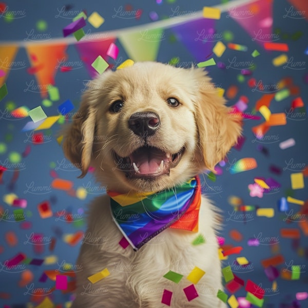 Celebratory Golden Retriever Puppy with Confetti